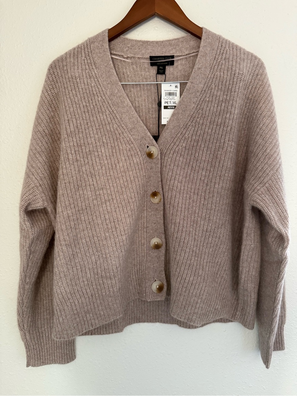 NWT Charter Club 100% Cashmere Taupe Shaker Knit Cardigan Petite XL